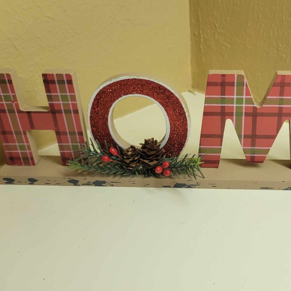 Red and Plaid Wood "HOME" Sign